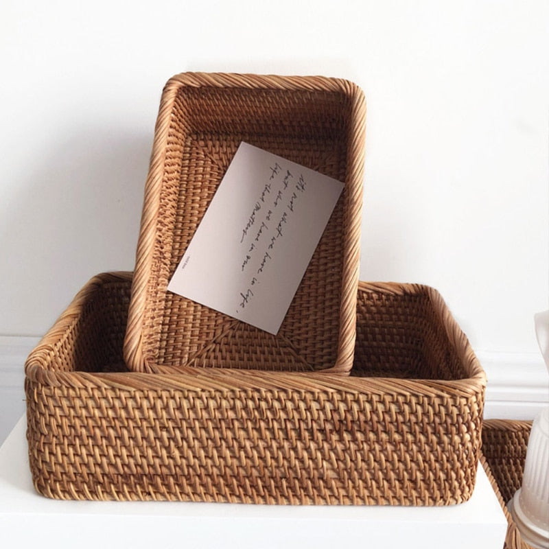 Hand-woven Rattan Wicker Basket Fruit Tea Snack Bread Basket Cosmetic Rectangular Storage Box Household Kitchen Supplies - StorageandmoreStorage