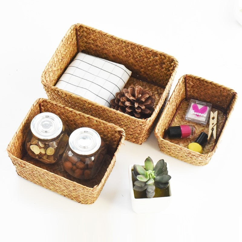 Rectangular Handwoven Natural Seagrass Wicker Storage Basket Home Organizer Bins Eco-Friendly Hamper Clothes Fruit Picnic Basket - StorageandmoreStorage