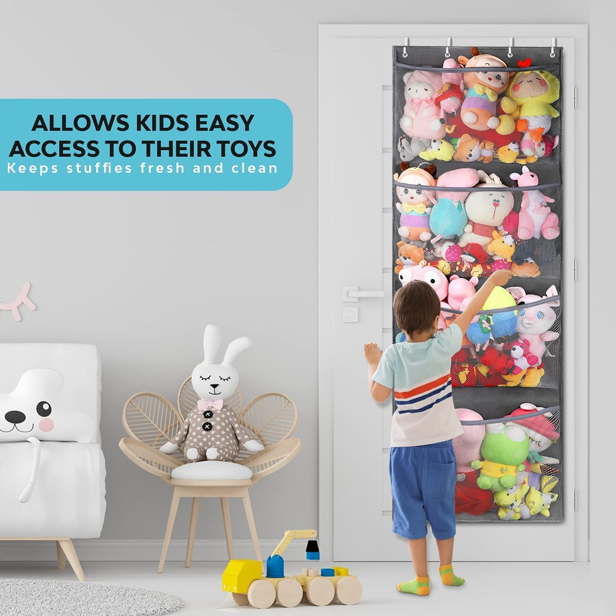 Stuffed Animal Storage Bag Over The Door Stuff Animals Organizer with 4 Large Pockets Hanging Mesh Bags for Baby Plush Toys - StorageandmoreStorage