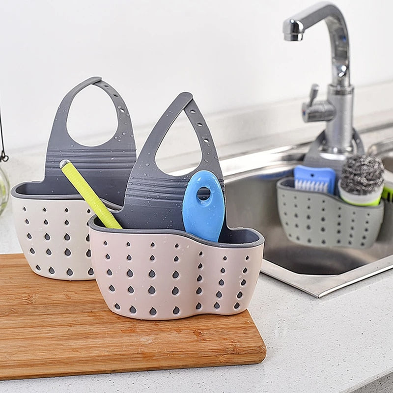 Sink Shelf Soap Sponge Drain Rack Hanging Bag Kitchen Accessorie Bathroom Holder Strap Faucet Storage Basket with Drain Holes - StorageandmoreStorage