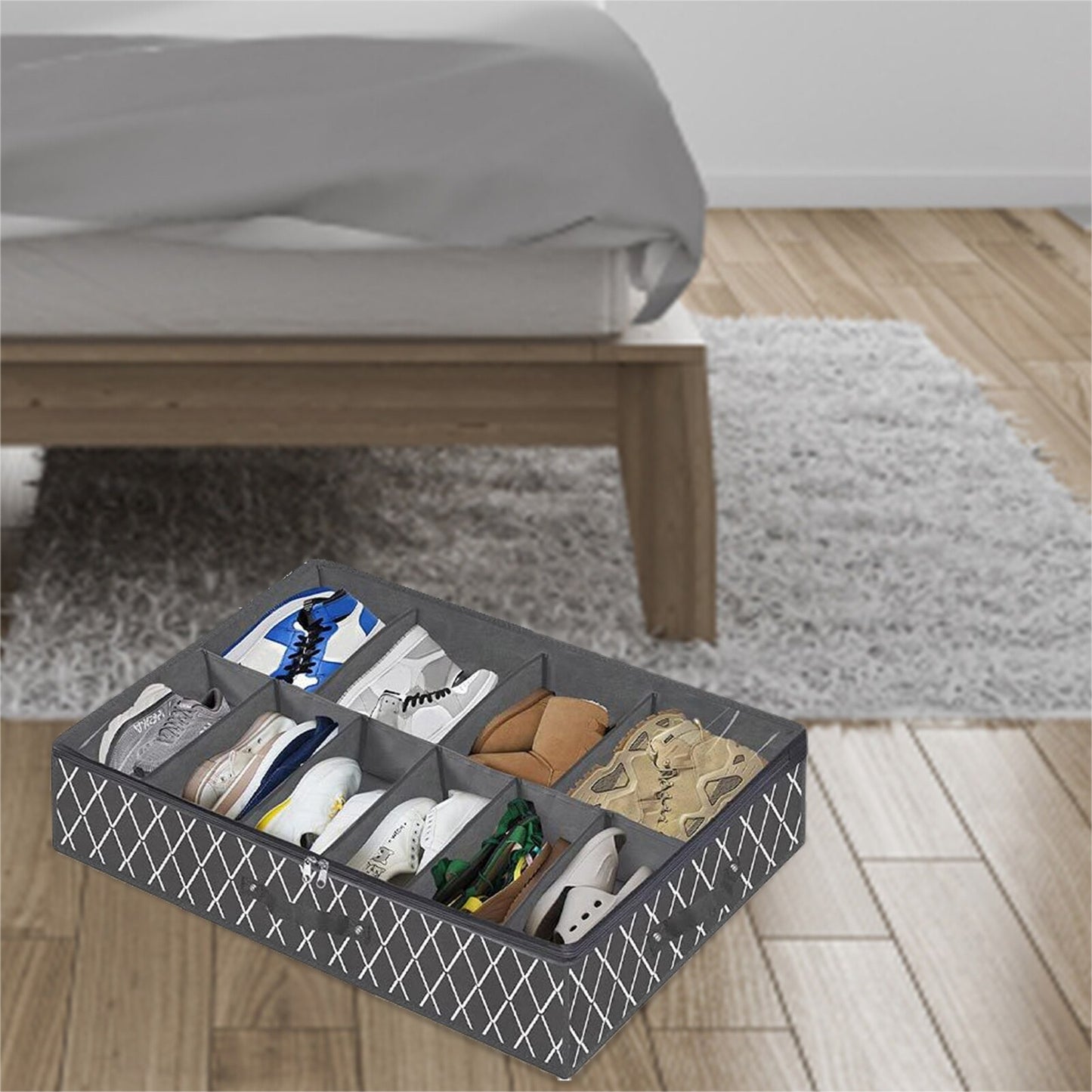 Under Bed Shoe Storage Containers Underbed Non Woven Storage Bin Sturdy Divided Underbed Shoes Closet Storage Solution With - StorageandmoreStorage