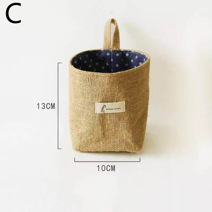 Jute Cotton Linen Bag Desktop Storage Basket Hanging Pocket Small Sack Sundries Storage Box With Handle Cosmetic Storage Bag - StorageandmoreStorage