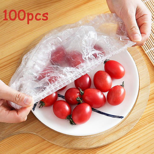 100pcs Disposable Food Cover Plastic Wrap Elastic Food Lids For Fruit Bowls Cups Caps Storage Kitchen Fresh Keeping Saver Bag - StorageandmoreStorage