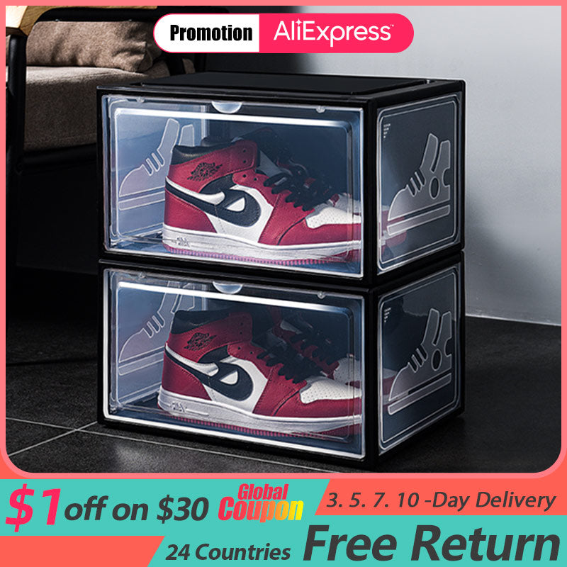 2pack AJ Sneakers Box Hardened plastic shoe box Stackable Cabinet Storage Box high-top Dustproof AJ shoes organizers Shoe Rack - StorageandmoreStorage