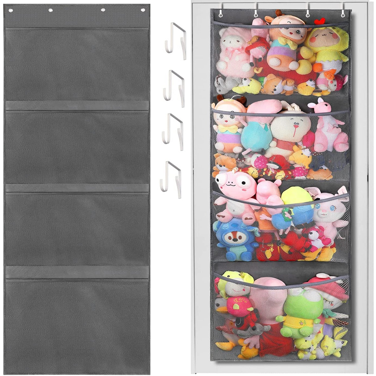 Stuffed Animal Storage Bag Over The Door Stuff Animals Organizer with 4 Large Pockets Hanging Mesh Bags for Baby Plush Toys - StorageandmoreStorage