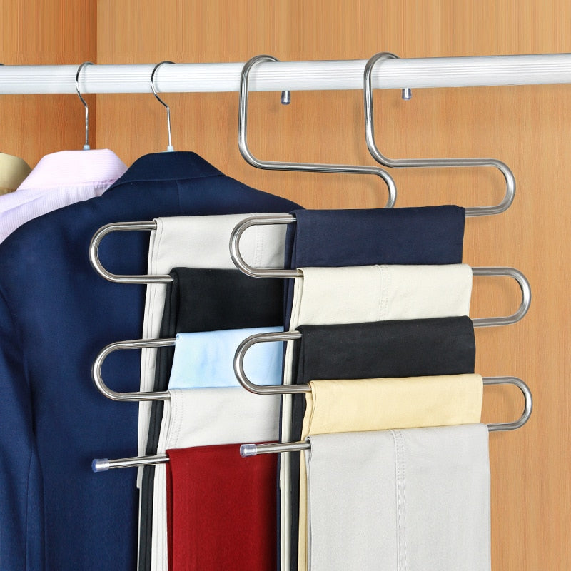 5 layers Stainless Steel Clothes Hangers S Shape Pants Storage Hangers Clothes Storage Rack Multilayer Storage Cloth Hanger - StorageandmoreStorage