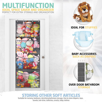 Stuffed Animal Storage Bag Over The Door Stuff Animals Organizer with 4 Large Pockets Hanging Mesh Bags for Baby Plush Toys - StorageandmoreStorage