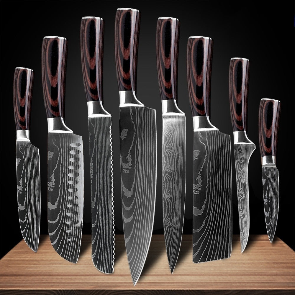 Japanese Kitchen Knife Set Laser Damascus Pattern Stainless Steel  Sharp Cleaver Slicing Utility Knives Kitchen Tools - StorageandmoreStorage