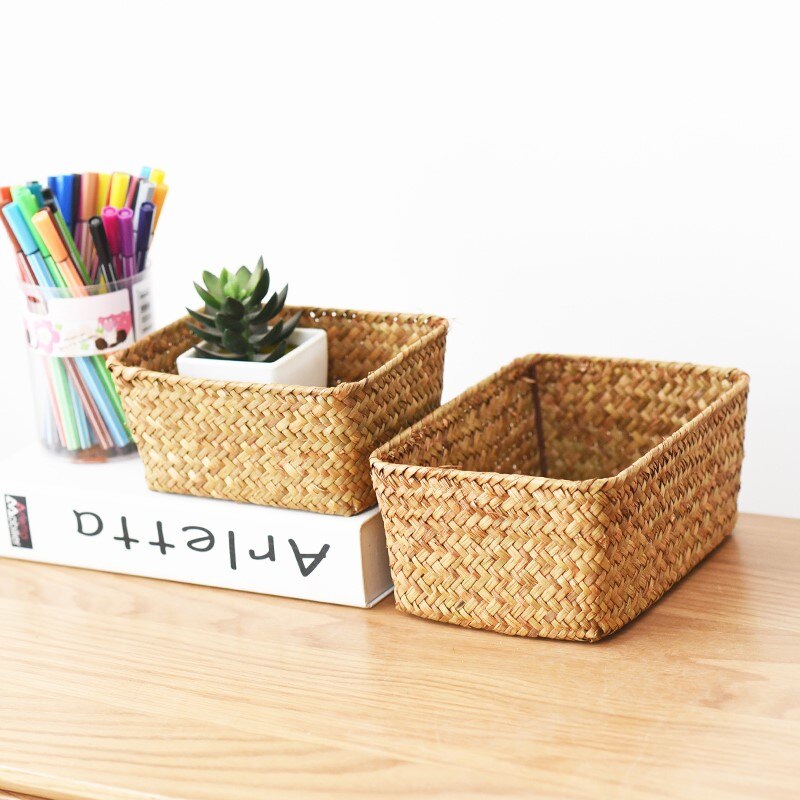 Rectangular Handwoven Natural Seagrass Wicker Storage Basket Home Organizer Bins Eco-Friendly Hamper Clothes Fruit Picnic Basket - StorageandmoreStorage