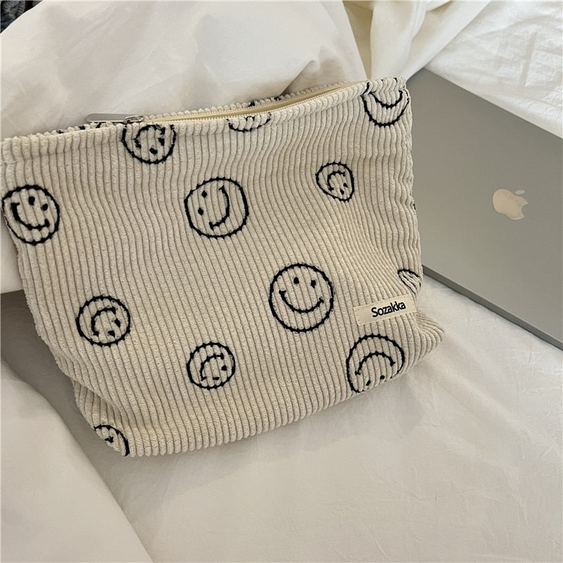 Japanese Style Corduroy Cosmetic Bag Women Handbags Purses Smile&amp;Dots Makeup Organizer Storage Makeup Bag Girls Pencil Case Bags - StorageandmoreStorage