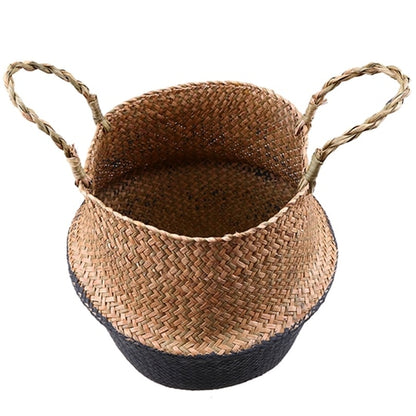 WHISM Foldable Wicker Basket Planter Rattan Woven Basket Handmade Seagrass Laundry Storage Basket Home Decor Kitchen Organizer - StorageandmoreStorage