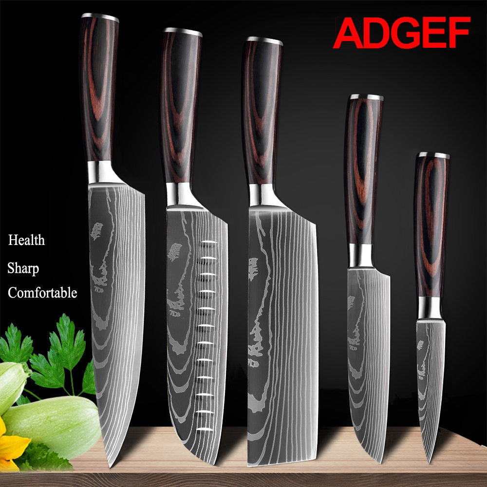 Japanese Kitchen Knife Set Laser Damascus Pattern Stainless Steel  Sharp Cleaver Slicing Utility Knives Kitchen Tools - StorageandmoreStorage