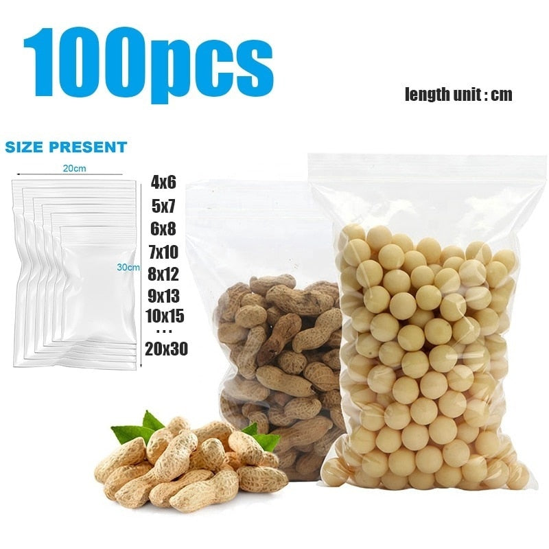 100/300/500Pcs/Pack Resealable Plastic Selaing Bags Clear Poly Reusable Bag Food Storage Reclosable Vacuum Fresh Organize Bag - StorageandmoreStorage