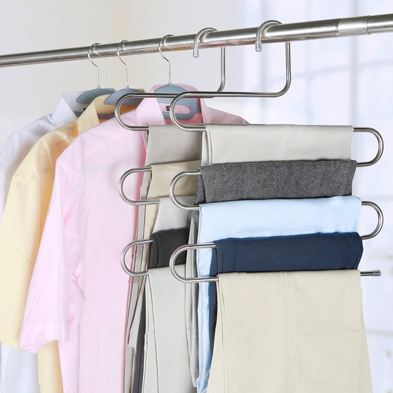 5 layers Stainless Steel Clothes Hangers S Shape Pants Storage Hangers Clothes Storage Rack Multilayer Storage Cloth Hanger - StorageandmoreStorage