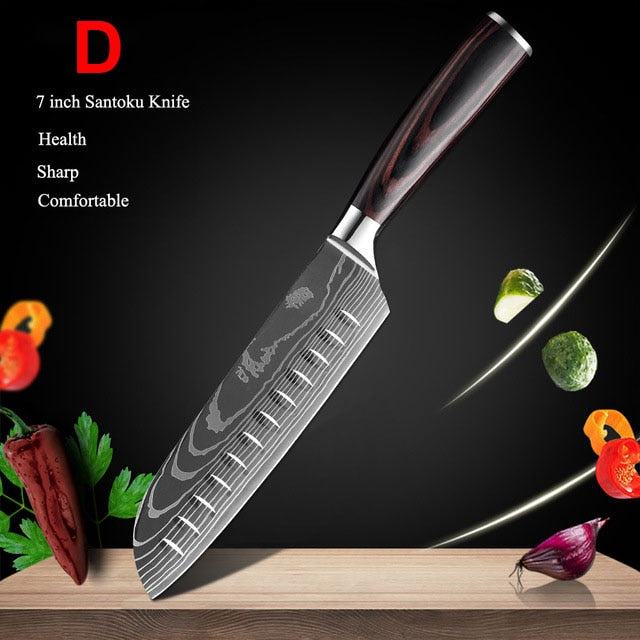 Japanese Kitchen Knife Set Laser Damascus Pattern Stainless Steel  Sharp Cleaver Slicing Utility Knives Kitchen Tools - StorageandmoreStorage