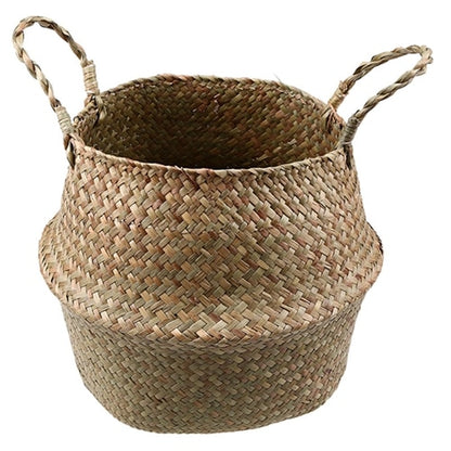 WHISM Foldable Wicker Basket Planter Rattan Woven Basket Handmade Seagrass Laundry Storage Basket Home Decor Kitchen Organizer - StorageandmoreStorage