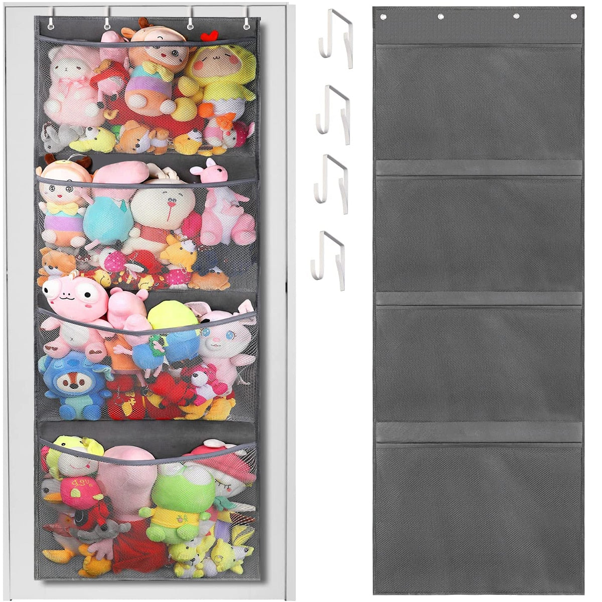 Stuffed Animal Storage Bag Over The Door Stuff Animals Organizer with 4 Large Pockets Hanging Mesh Bags for Baby Plush Toys - StorageandmoreStorage