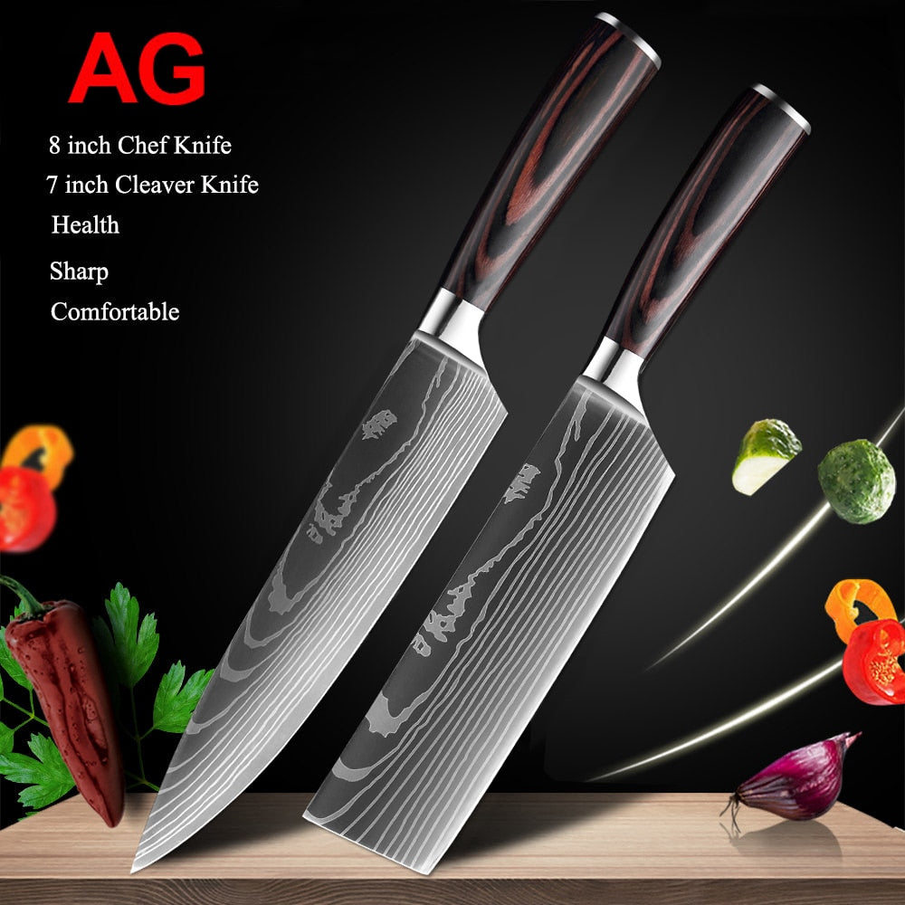 Japanese Kitchen Knife Set Laser Damascus Pattern Stainless Steel  Sharp Cleaver Slicing Utility Knives Kitchen Tools - StorageandmoreStorage