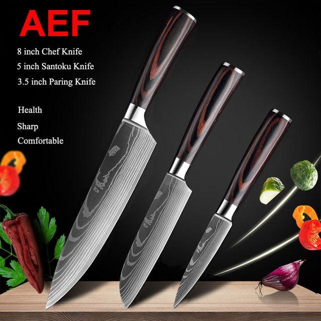 Japanese Kitchen Knife Set Laser Damascus Pattern Stainless Steel  Sharp Cleaver Slicing Utility Knives Kitchen Tools - StorageandmoreStorage