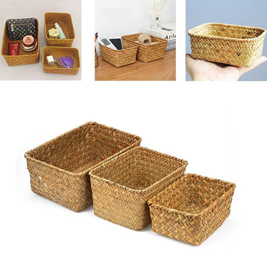 Rectangular Handwoven Natural Seagrass Wicker Storage Basket Home Organizer Bins Eco-Friendly Hamper Clothes Fruit Picnic Basket - StorageandmoreStorage