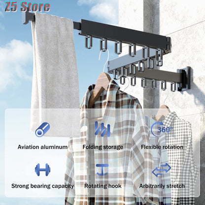 Folding Clothes Hanger Wall Mount Retractable Cloth Drying Rack Indoor &amp; Outdoor Space Saving Aluminum Home Laundry Clothesline - StorageandmoreStorage